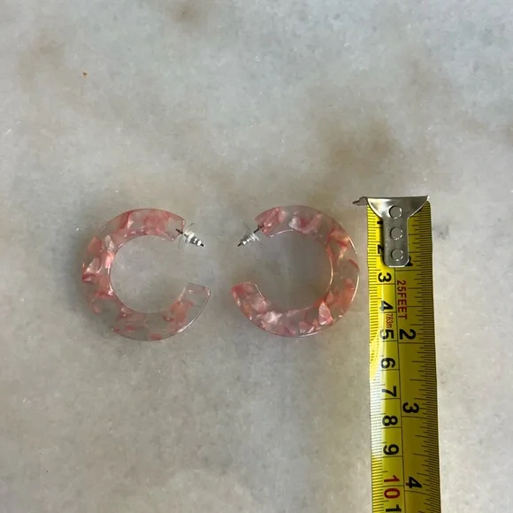 Hoop Earrings Marbled Pink Acrylic Modern Contemporary Design - Picture 3 of 4